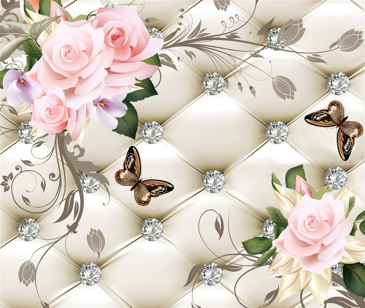 Papier peint texture florale sur tissu blanc décoré de perles