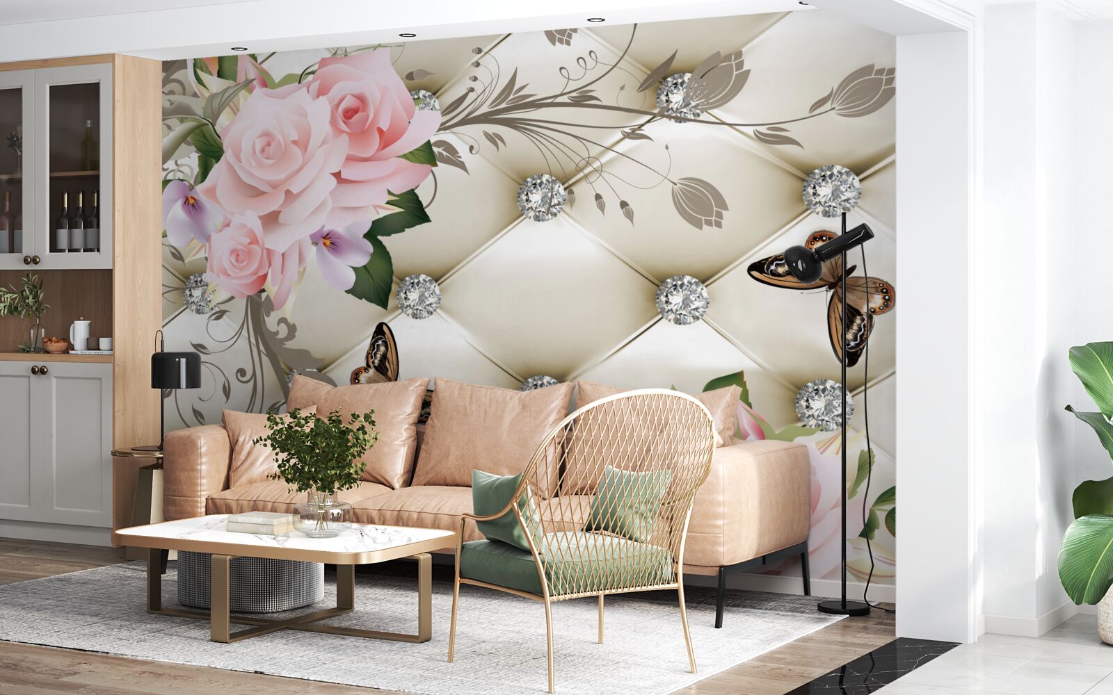 Papier peint texture florale sur tissu blanc décoré de perles