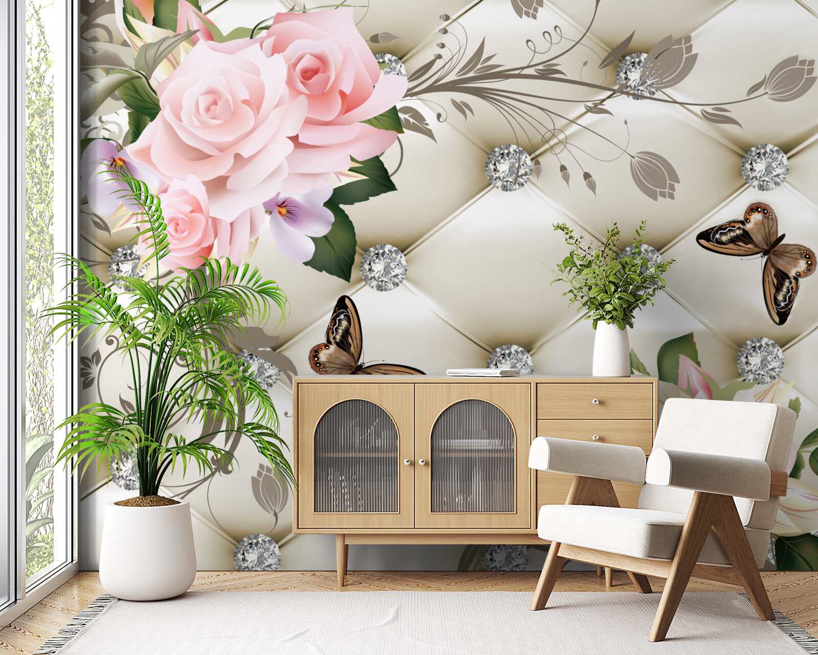 Papier peint texture florale sur tissu blanc décoré de perles