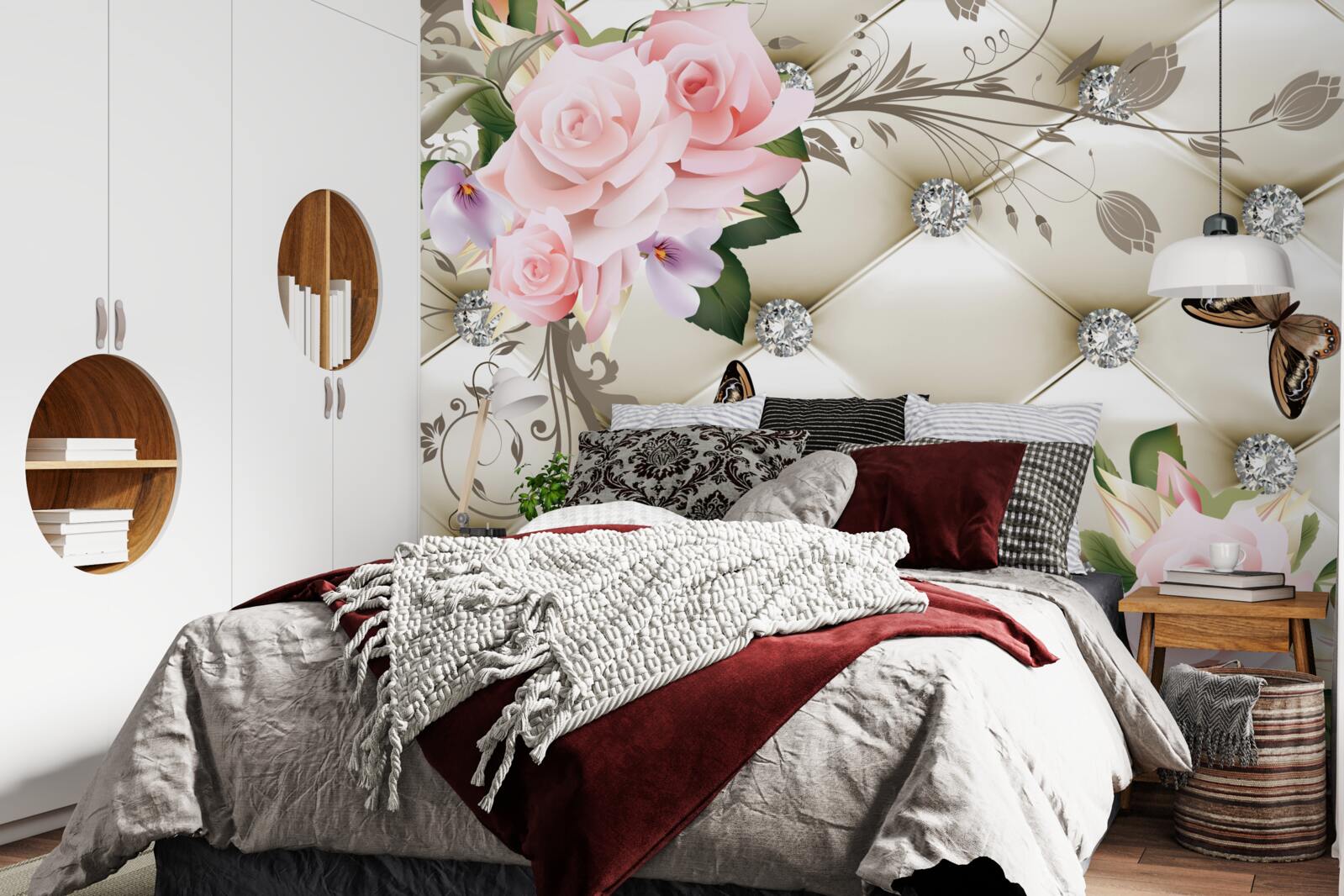 Papier peint texture florale sur tissu blanc décoré de perles