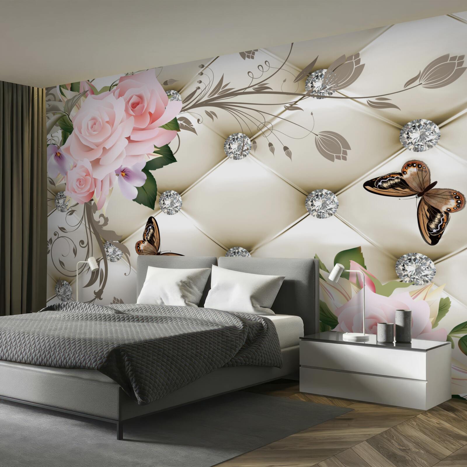 Papier peint texture florale sur tissu blanc décoré de perles