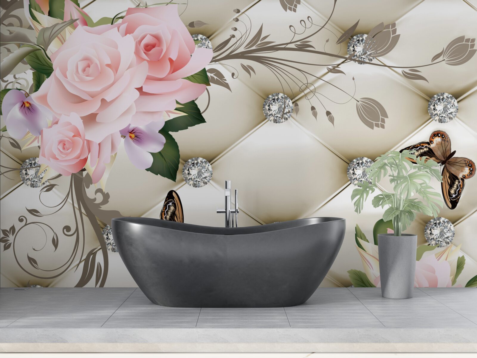 Papier peint texture florale sur tissu blanc décoré de perles