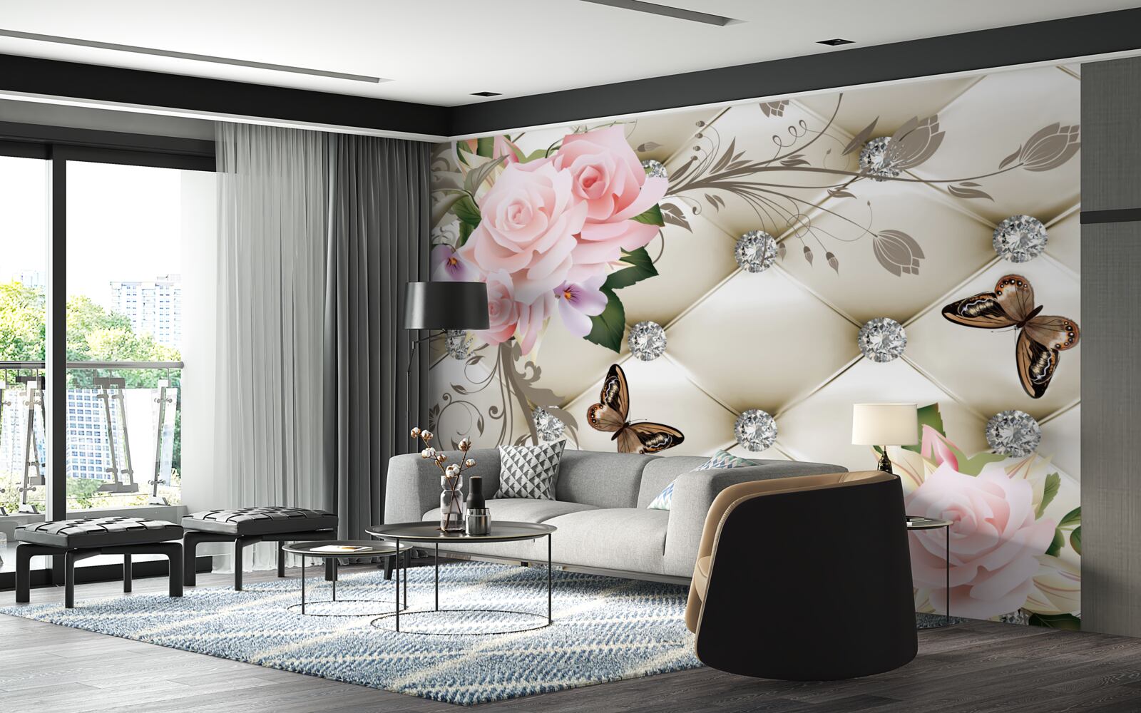 Papier peint texture florale sur tissu blanc décoré de perles