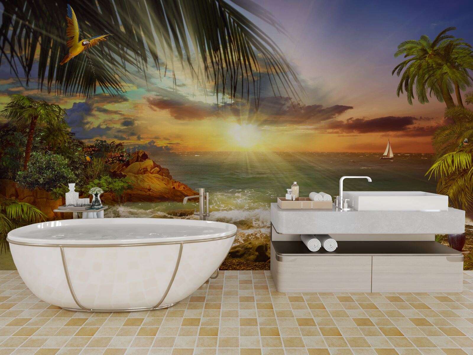 Papier peint le coucher de soleil, que l'on peut observer depuis le rivage d'une île inhabitée