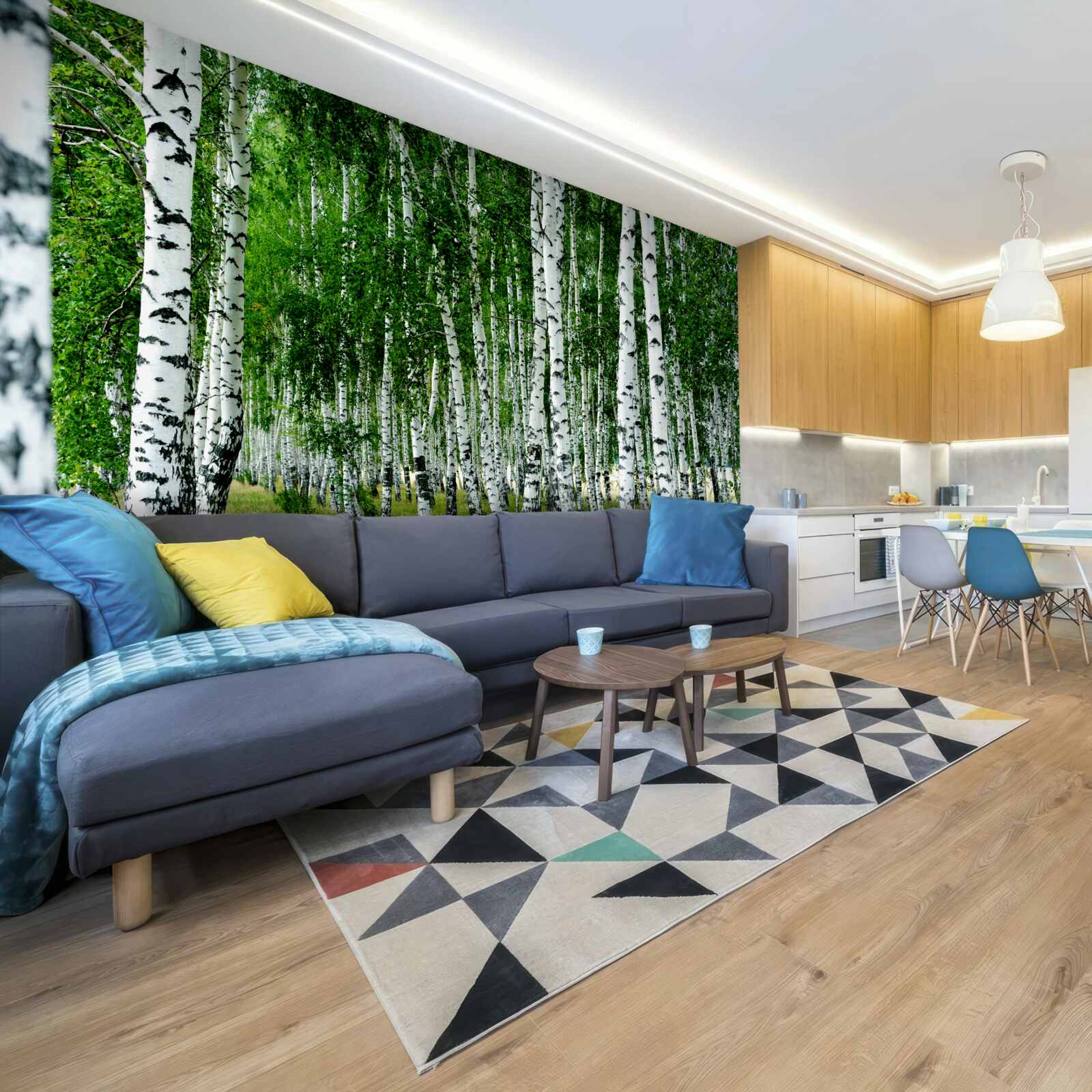 Papier peint bouleaux verts aux troncs gracieux dans un champ ouvert