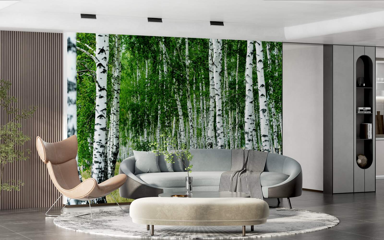 Papier peint bouleaux verts aux troncs gracieux dans un champ ouvert