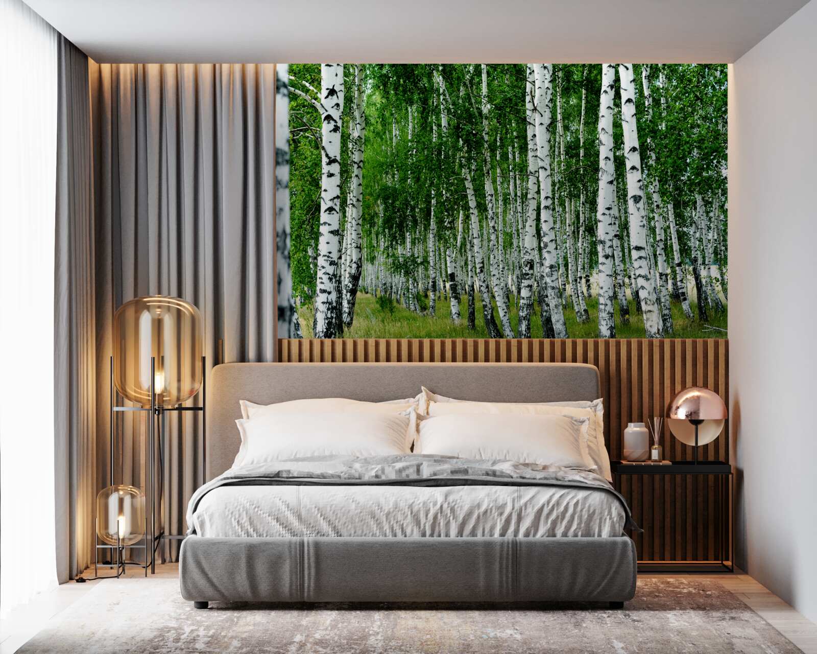 Papier peint bouleaux verts aux troncs gracieux dans un champ ouvert