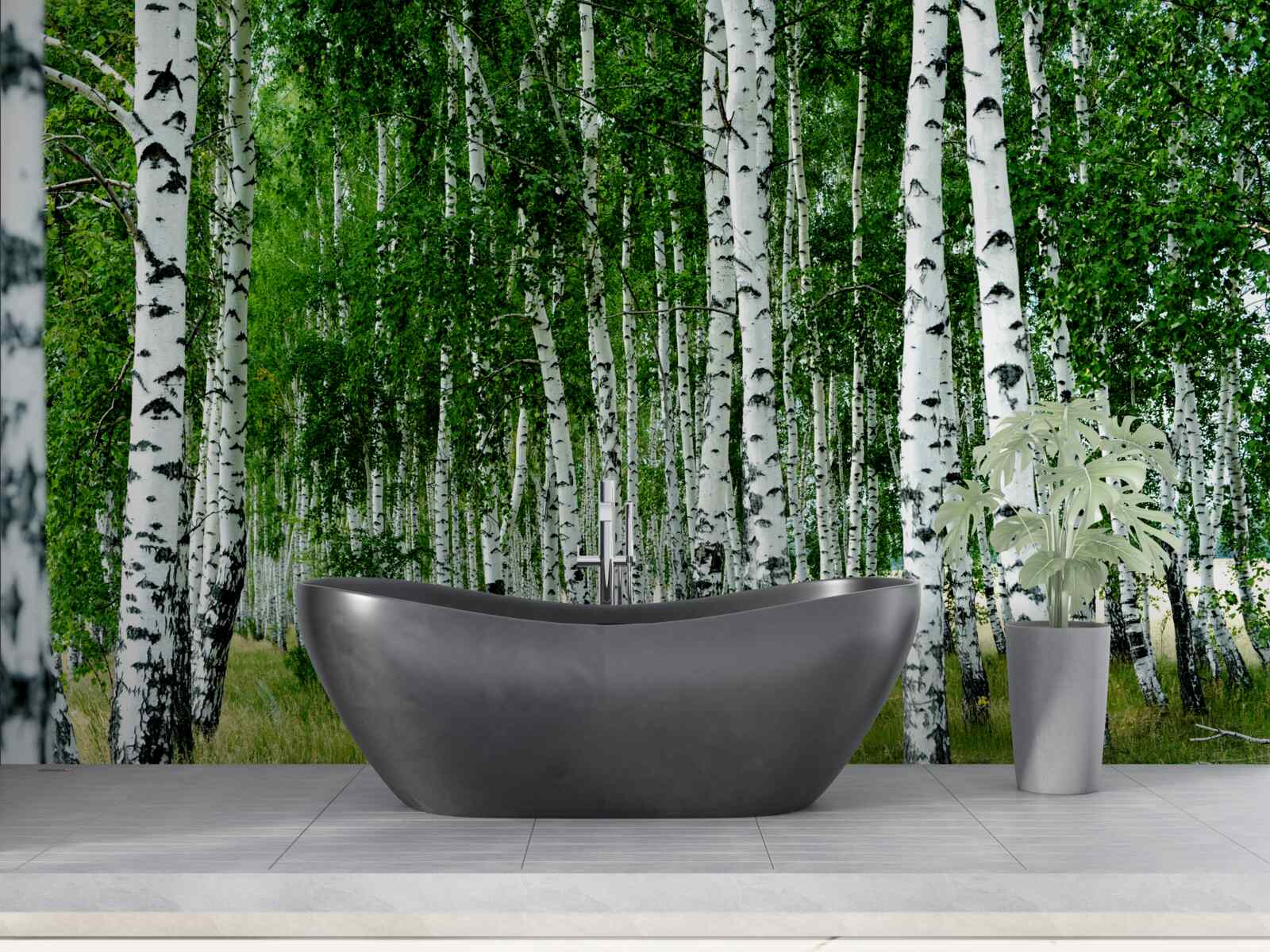 Papier peint bouleaux verts aux troncs gracieux dans un champ ouvert