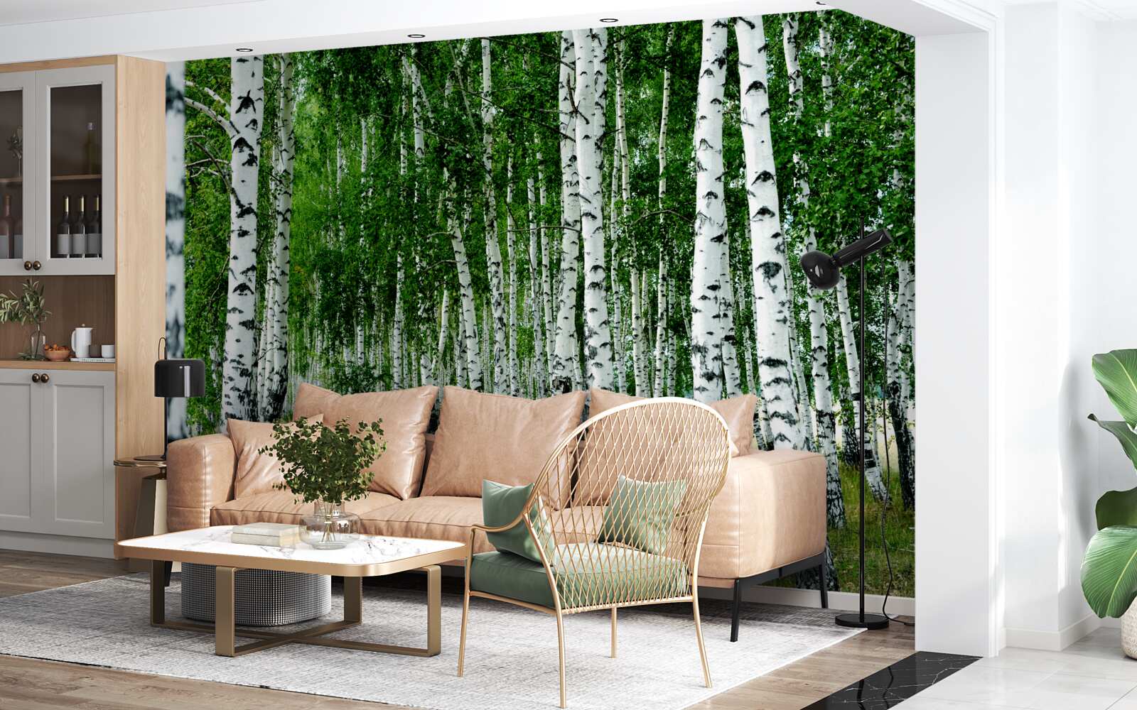 Papier peint bouleaux verts aux troncs gracieux dans un champ ouvert