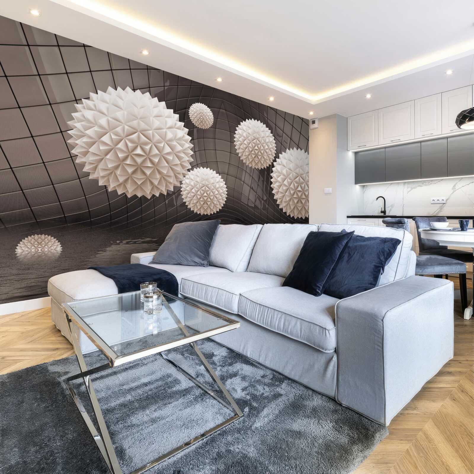 Papier peint boules pointues flottant dans l'air, de couleur rose pâle