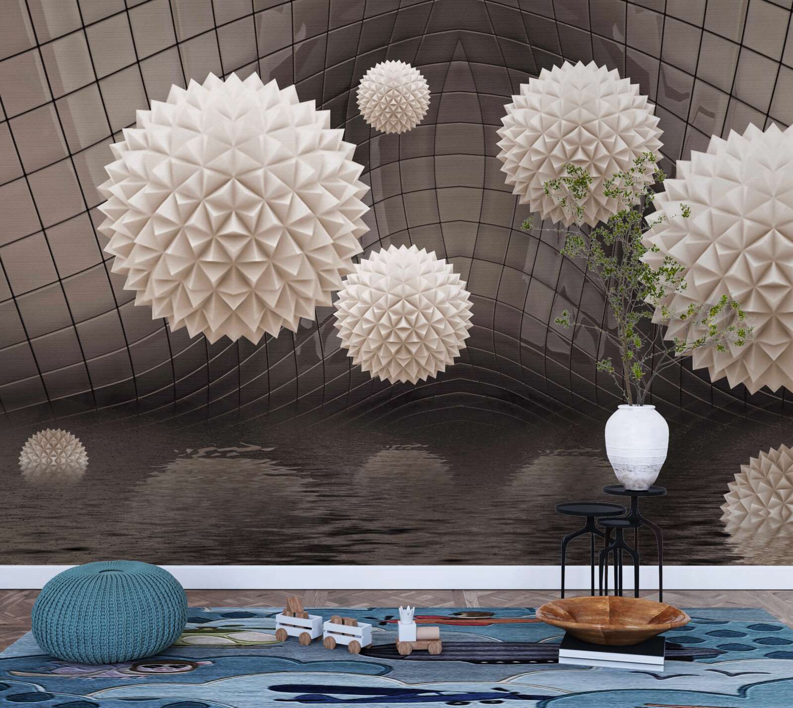 Papier peint boules pointues flottant dans l'air, de couleur rose pâle