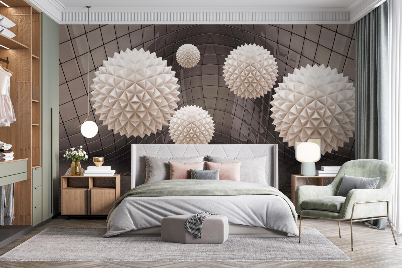 Papier peint boules pointues flottant dans l'air, de couleur rose pâle