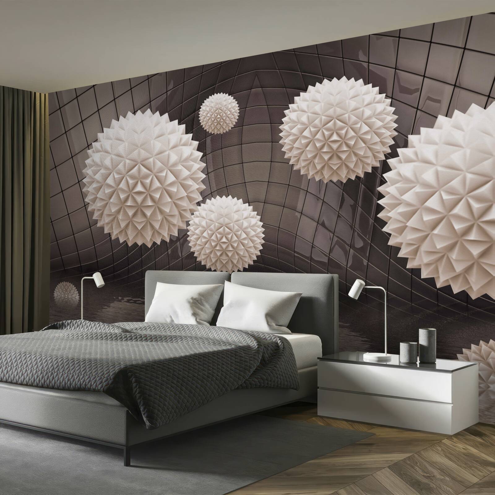 Papier peint boules pointues flottant dans l'air, de couleur rose pâle