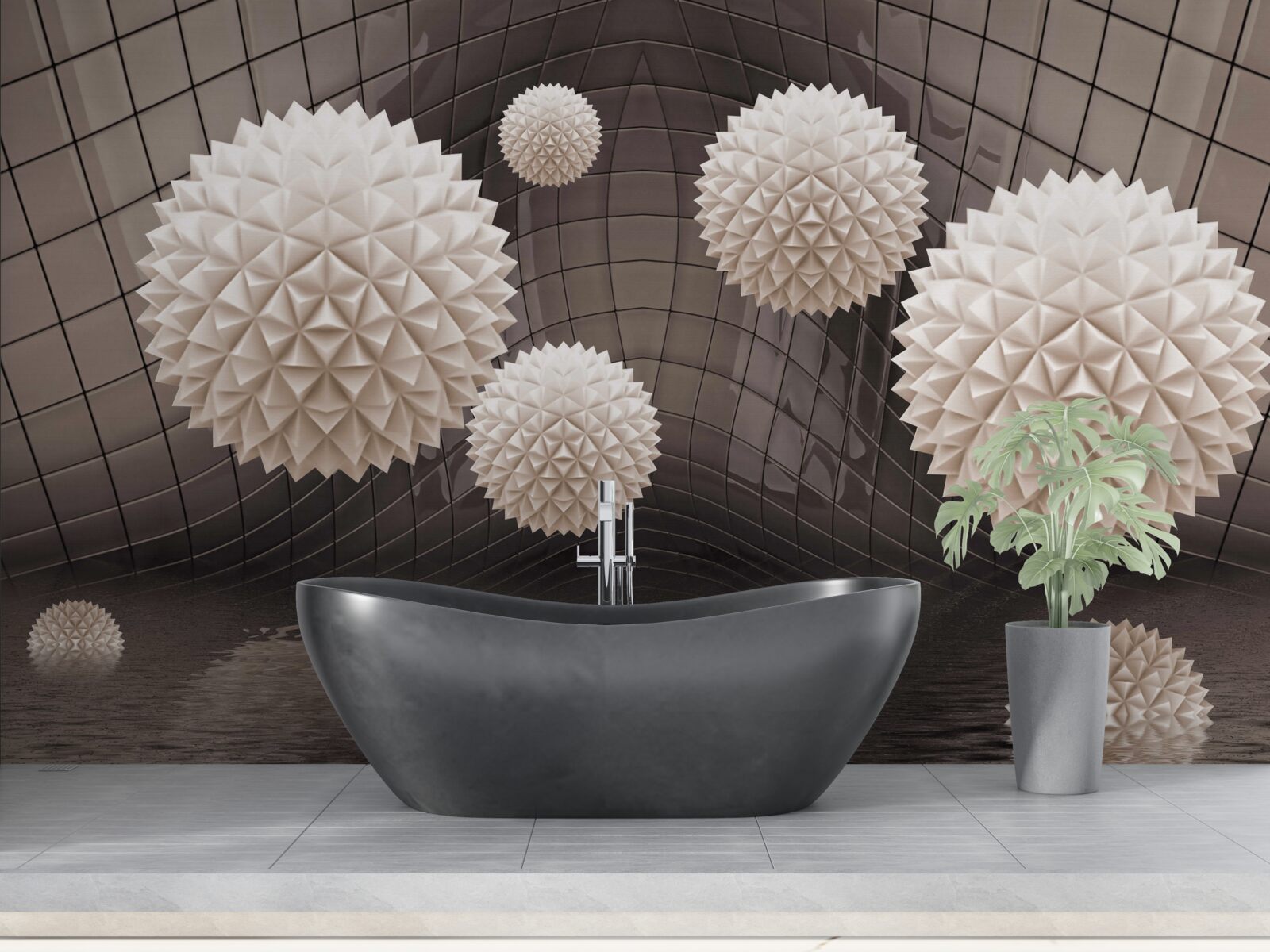 Papier peint boules pointues flottant dans l'air, de couleur rose pâle