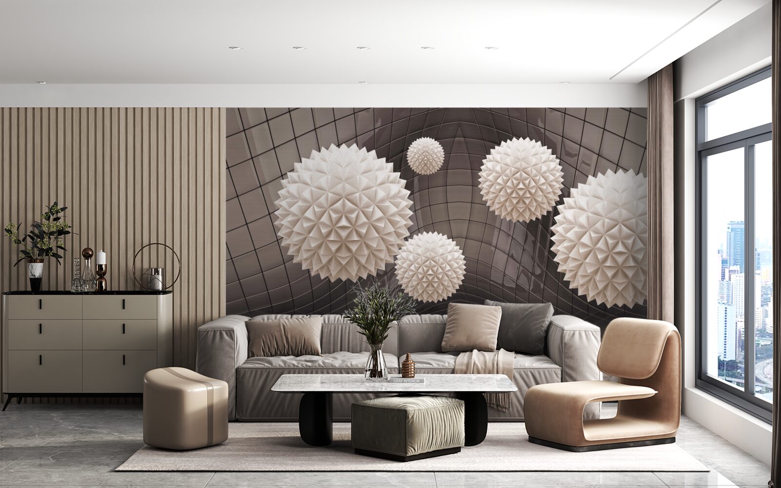 Papier peint boules pointues flottant dans l'air, de couleur rose pâle