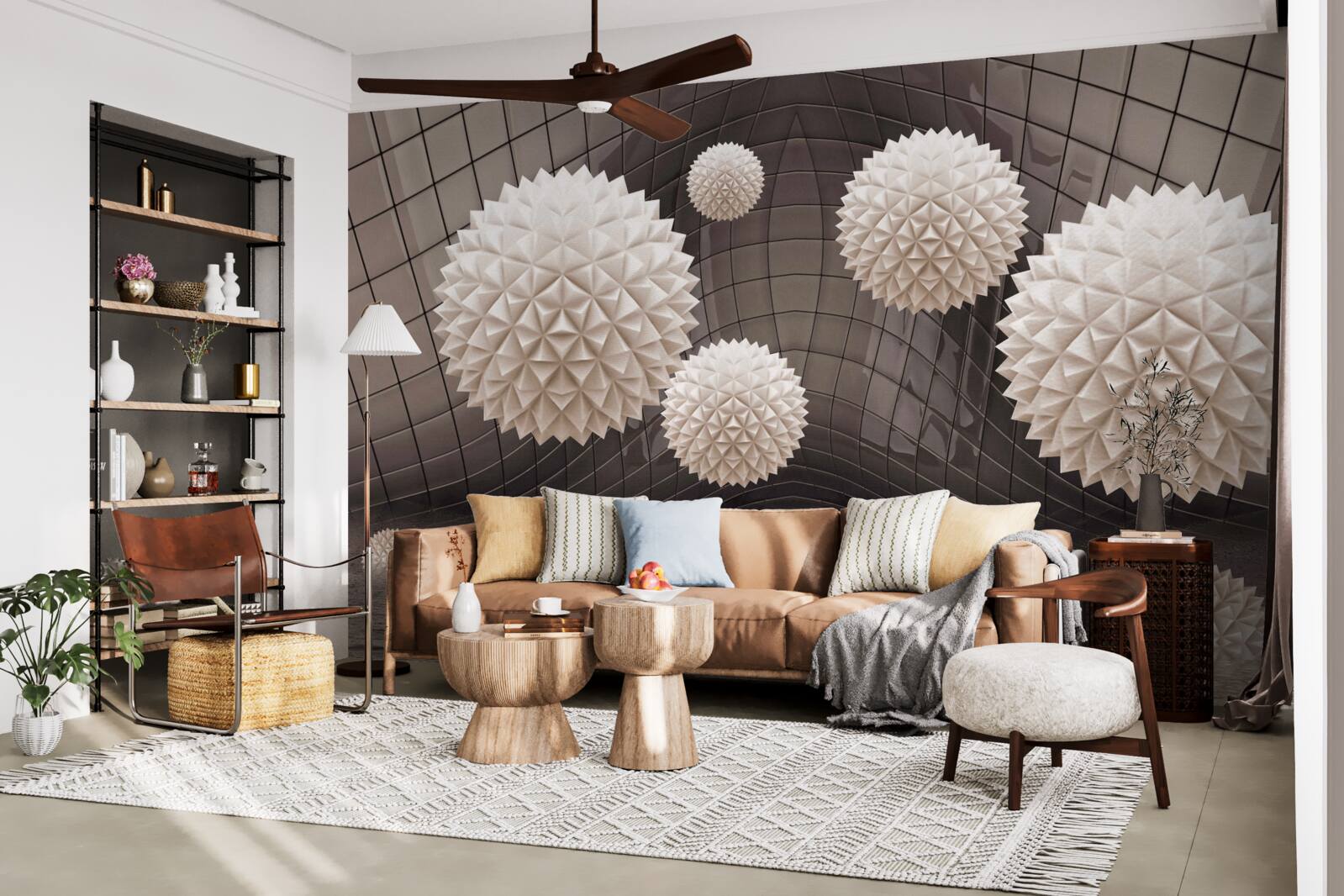 Papier peint boules pointues flottant dans l'air, de couleur rose pâle