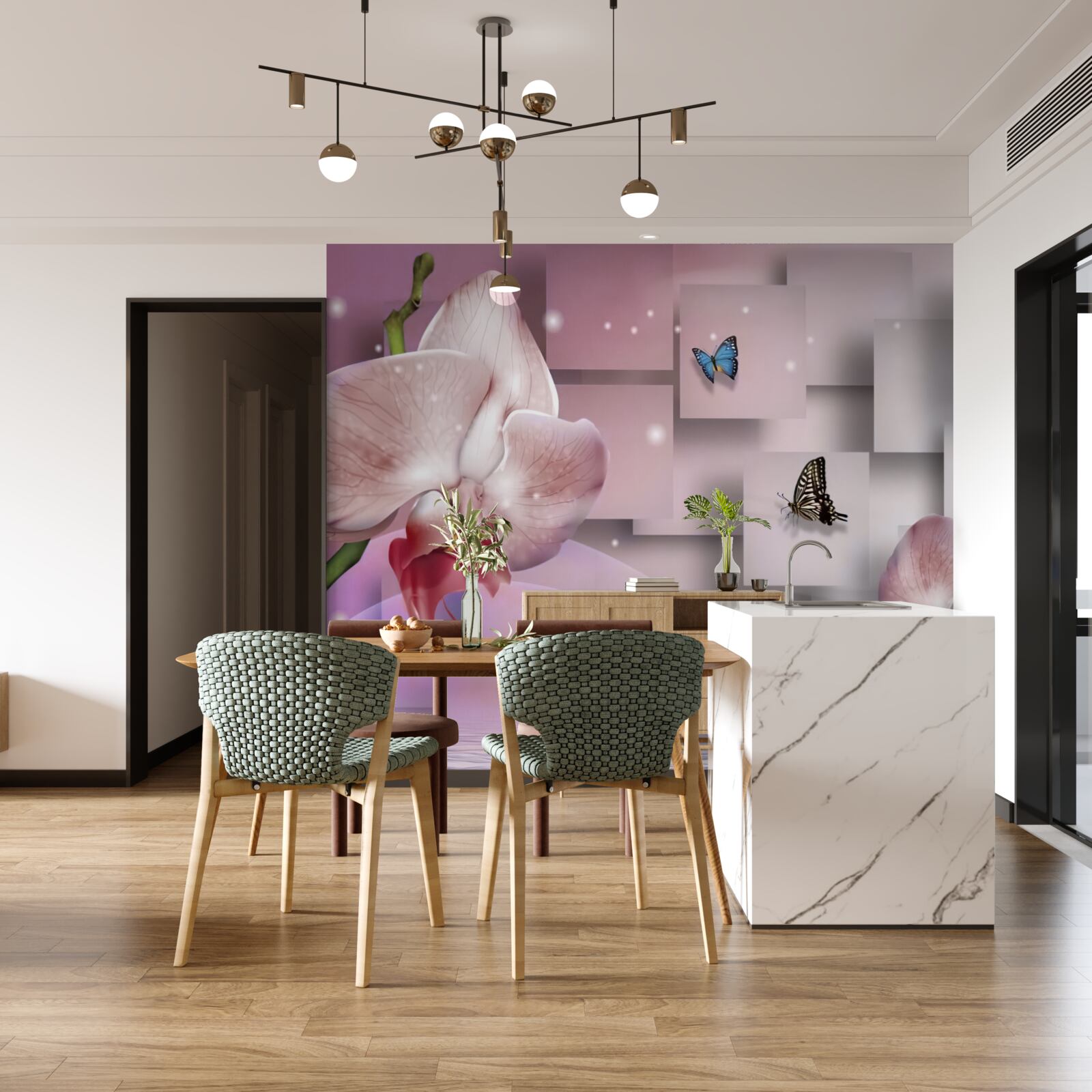 Papier peint papillons et orchidées aux couleurs vives