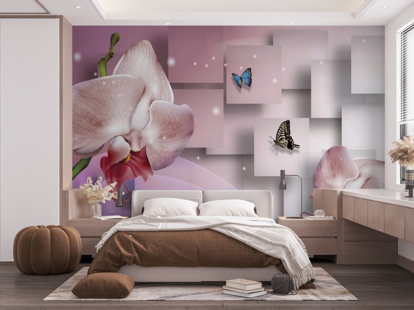 Papier peint papillons et orchidées aux couleurs vives