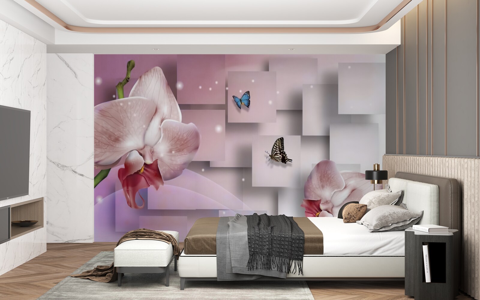 Papier peint papillons et orchidées aux couleurs vives