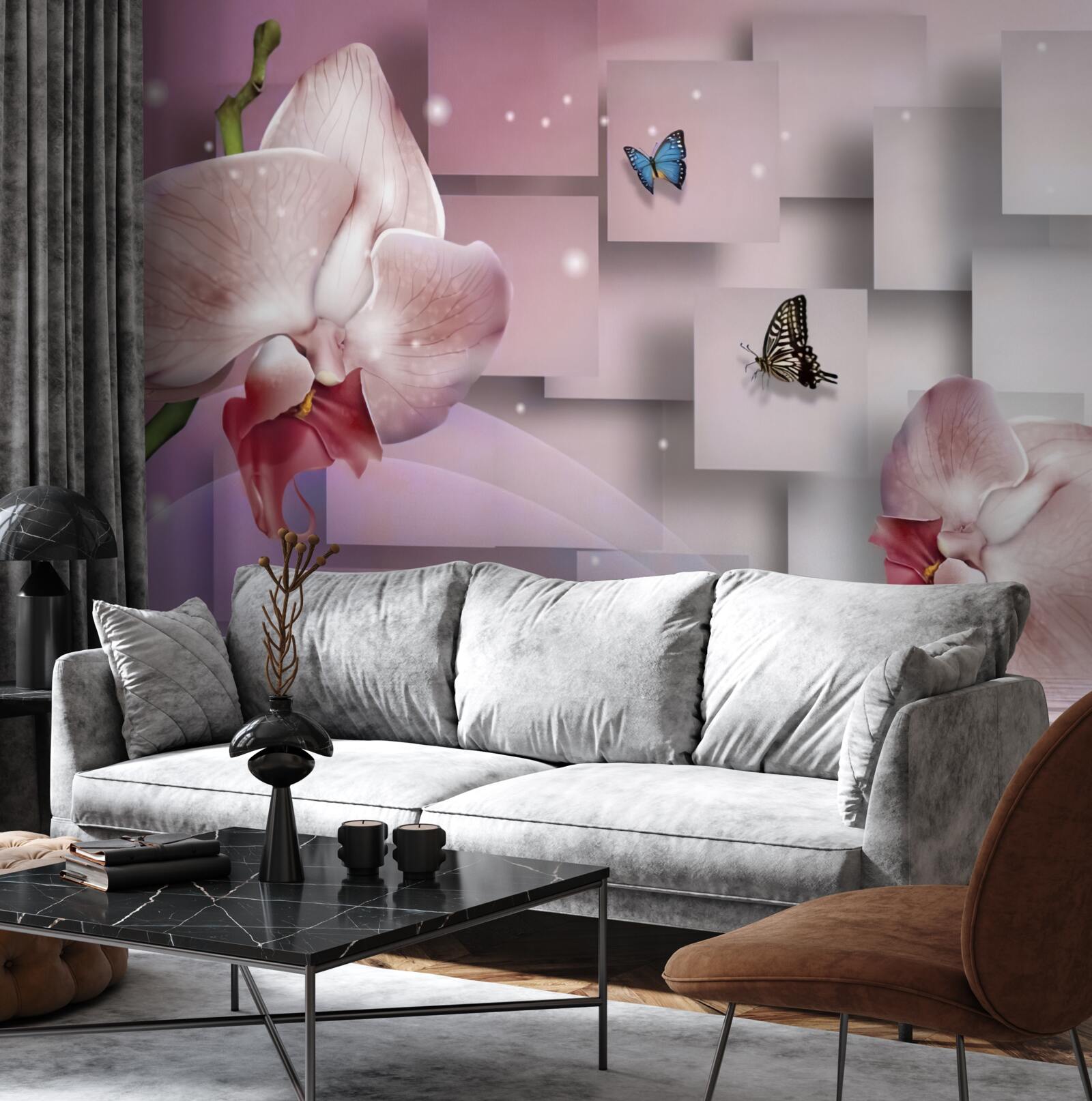 Papier peint papillons et orchidées aux couleurs vives