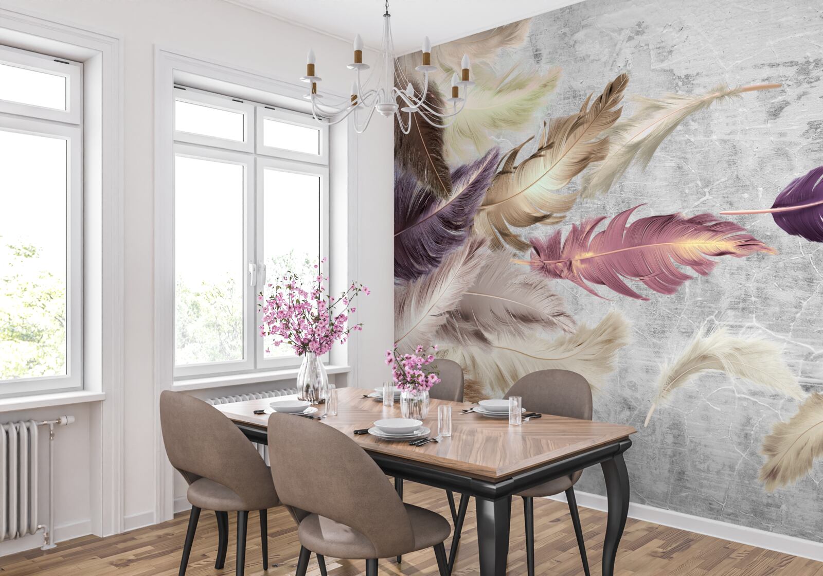 Papier peint des plumes de différentes couleurs se balancent dans le vent