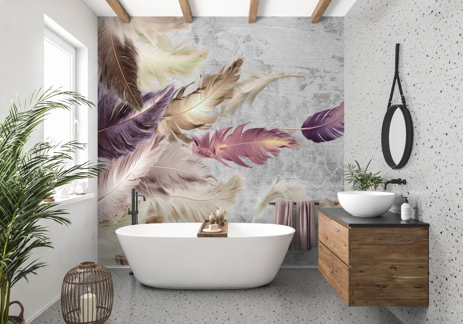 Papier peint des plumes de différentes couleurs se balancent dans le vent