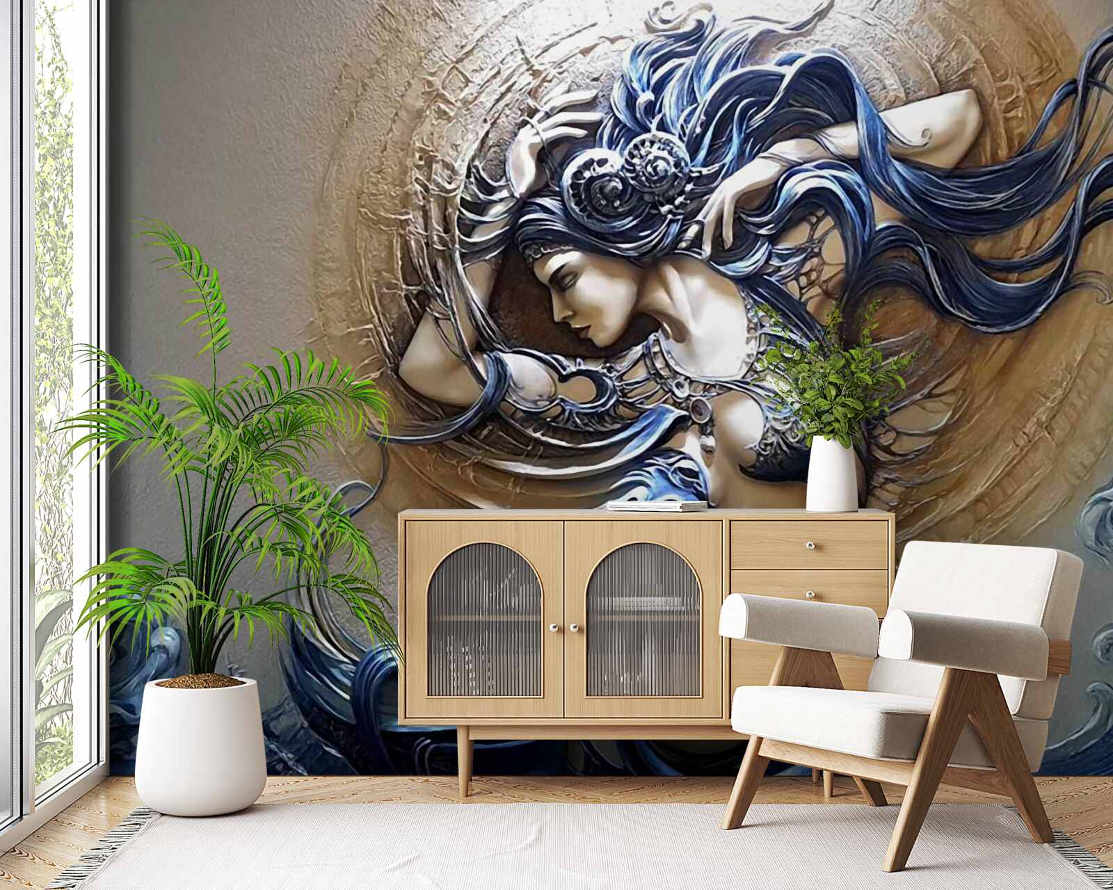 Papier peint image d'une fille aux couleurs vives avec le soleil en arrière-plan