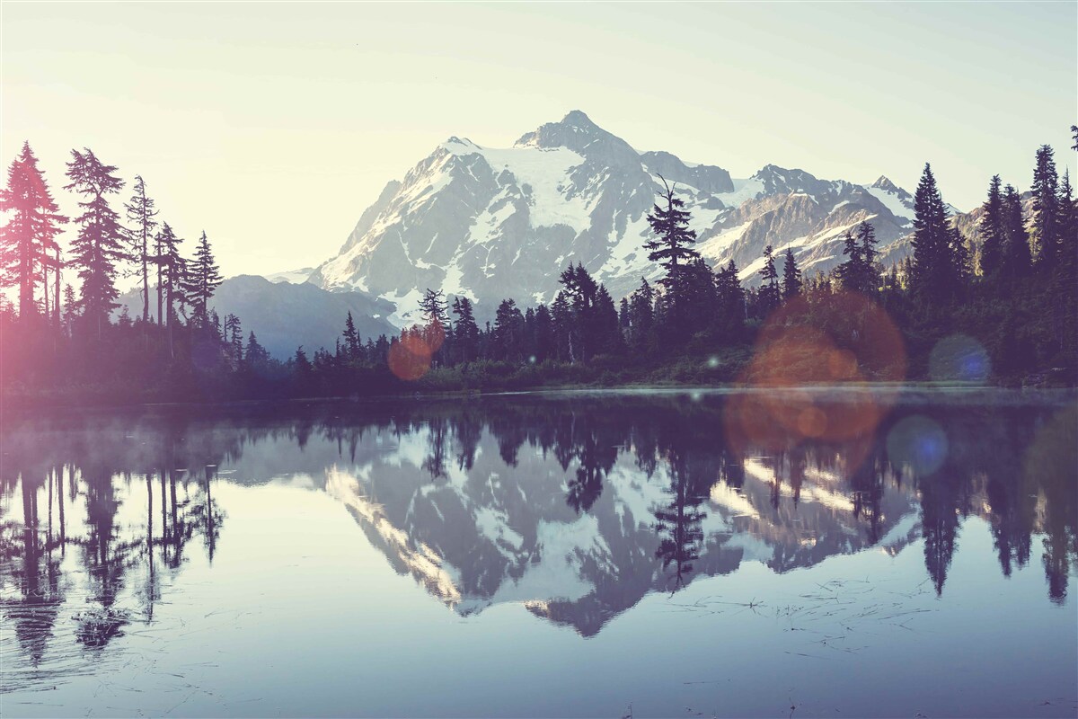 Papier peint vue imprenable sur les montagnes et les forêts qui se reflètent dans l'eau cristalline