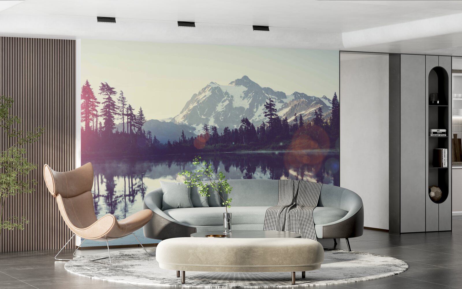 Papier peint vue imprenable sur les montagnes et les forêts qui se reflètent dans l'eau cristalline