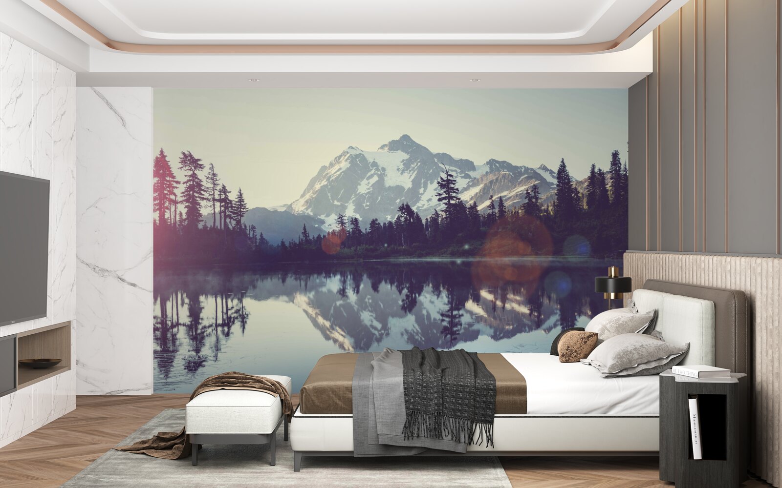 Papier peint vue imprenable sur les montagnes et les forêts qui se reflètent dans l'eau cristalline