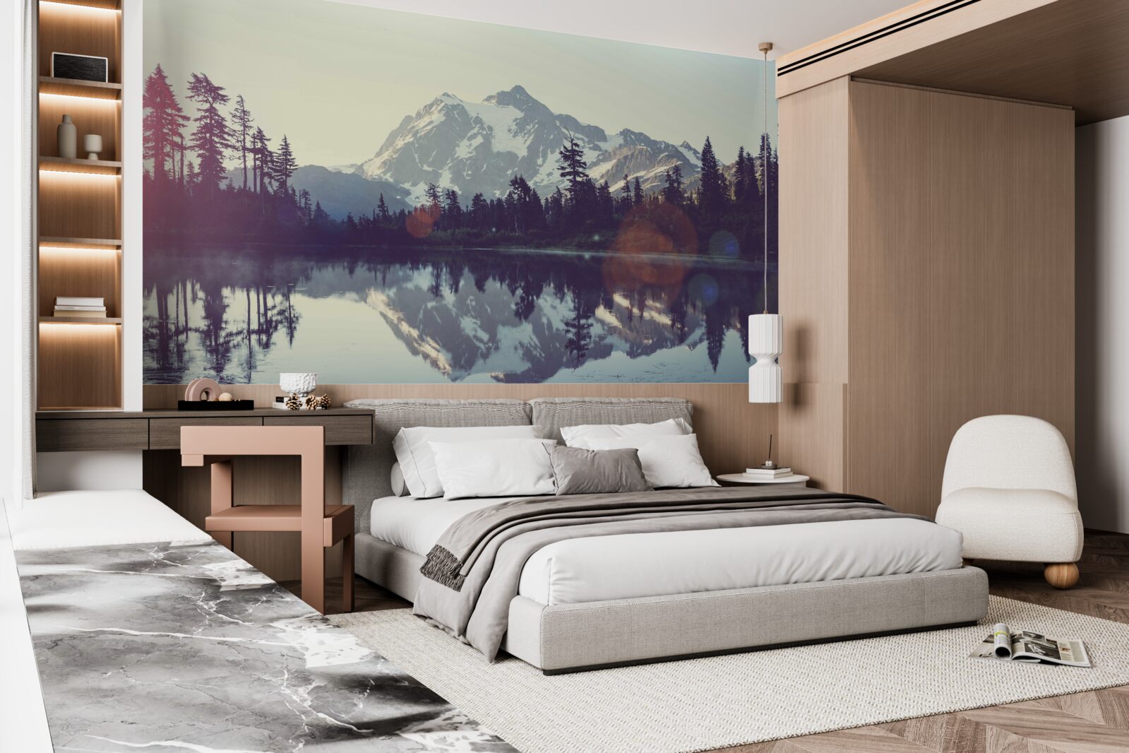 Papier peint vue imprenable sur les montagnes et les forêts qui se reflètent dans l'eau cristalline