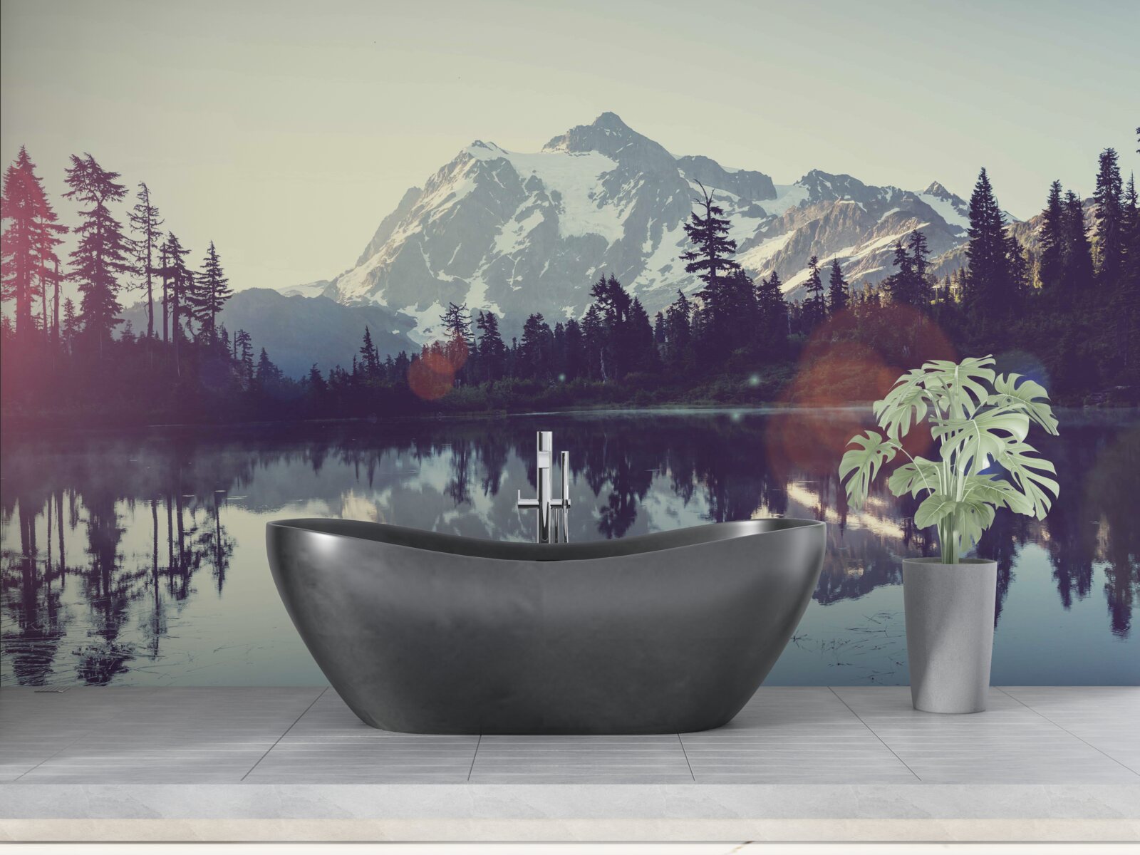 Papier peint vue imprenable sur les montagnes et les forêts qui se reflètent dans l'eau cristalline