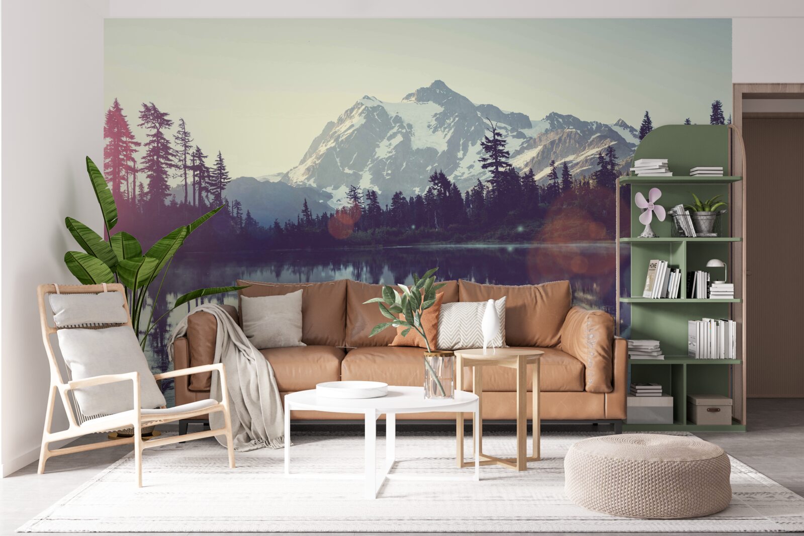 Papier peint vue imprenable sur les montagnes et les forêts qui se reflètent dans l'eau cristalline