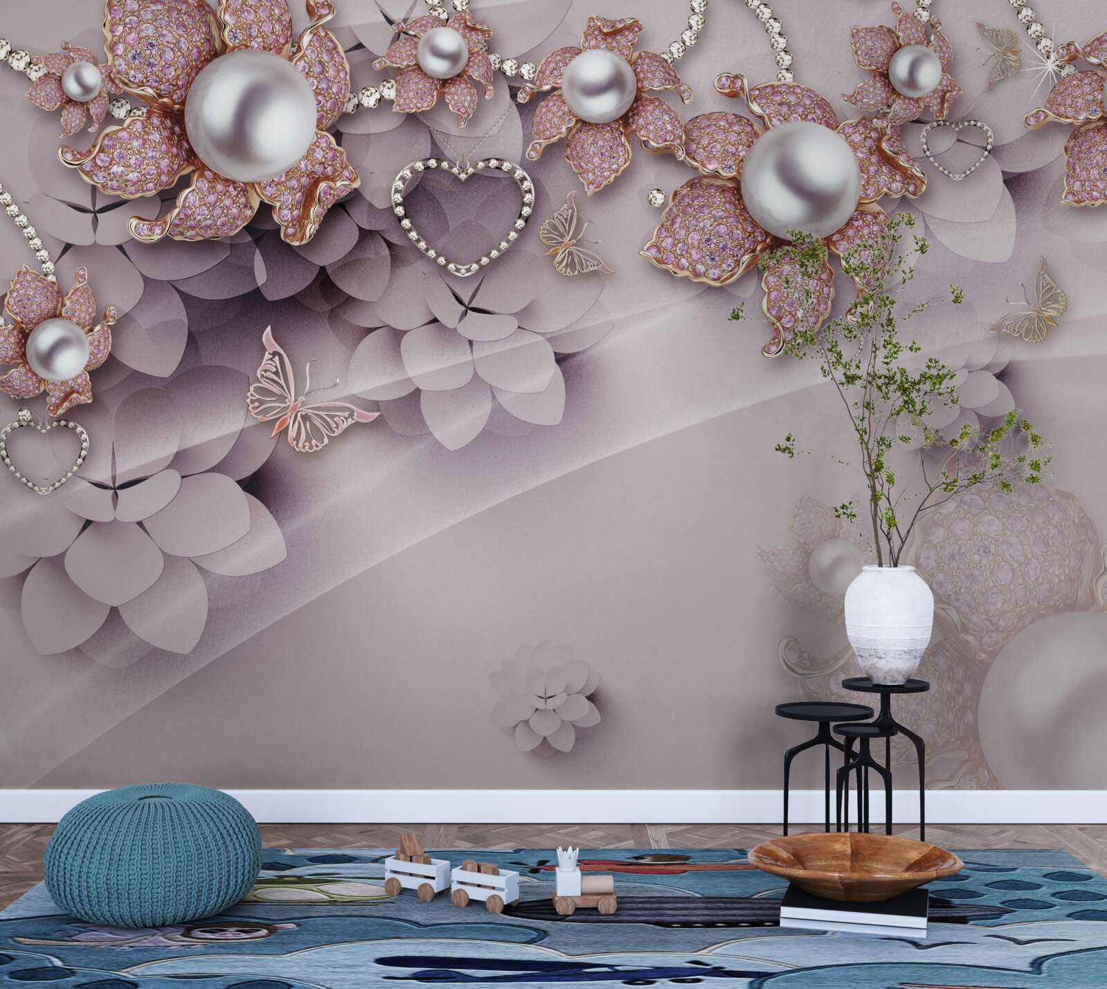 Papier peint fleurs créées abstraitement avec des perles et des pierres précieuses