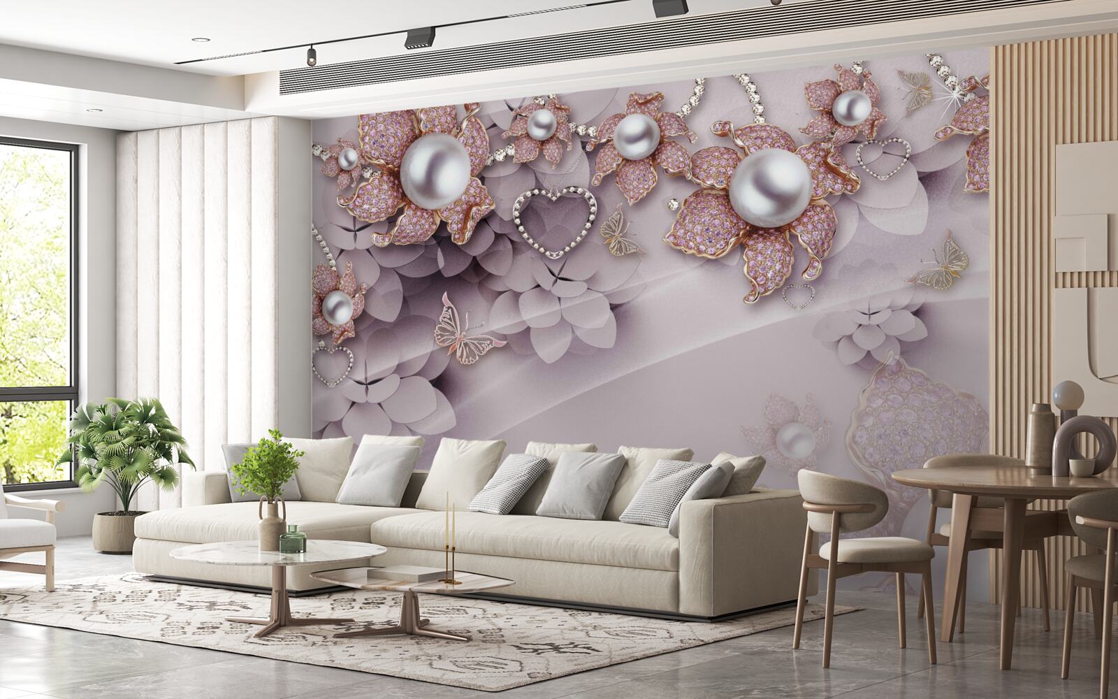 Papier peint fleurs créées abstraitement avec des perles et des pierres précieuses