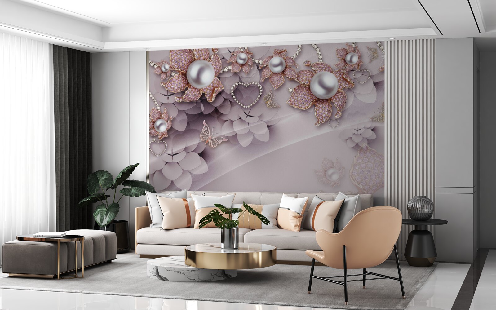 Papier peint fleurs créées abstraitement avec des perles et des pierres précieuses