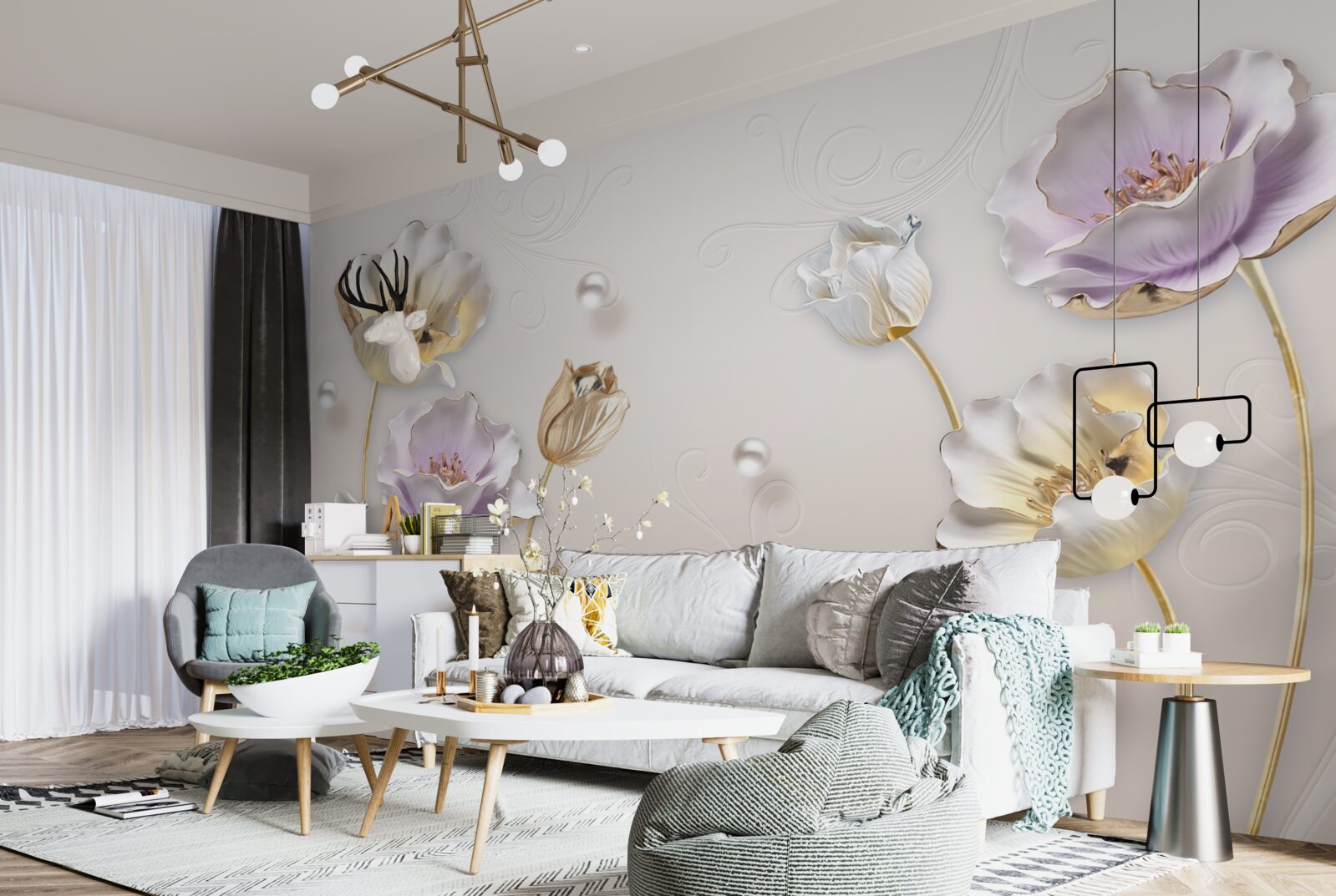 Papier peint élégantes fleurs en nacre