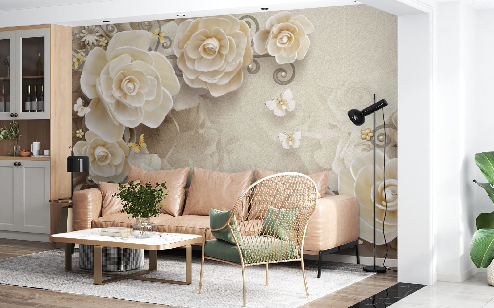 Papier peint fleurs avec perles sur une surface brillante