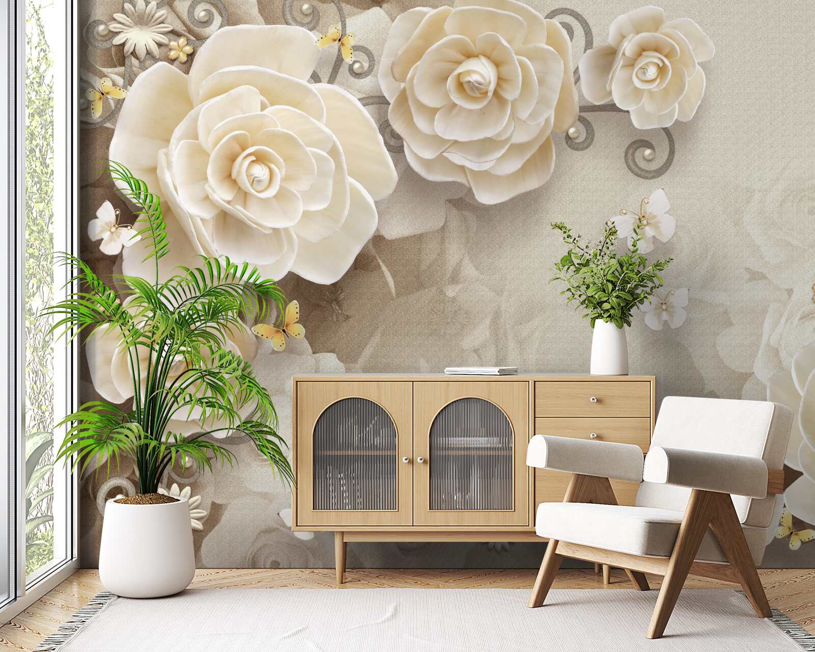 Papier peint fleurs avec perles sur une surface brillante