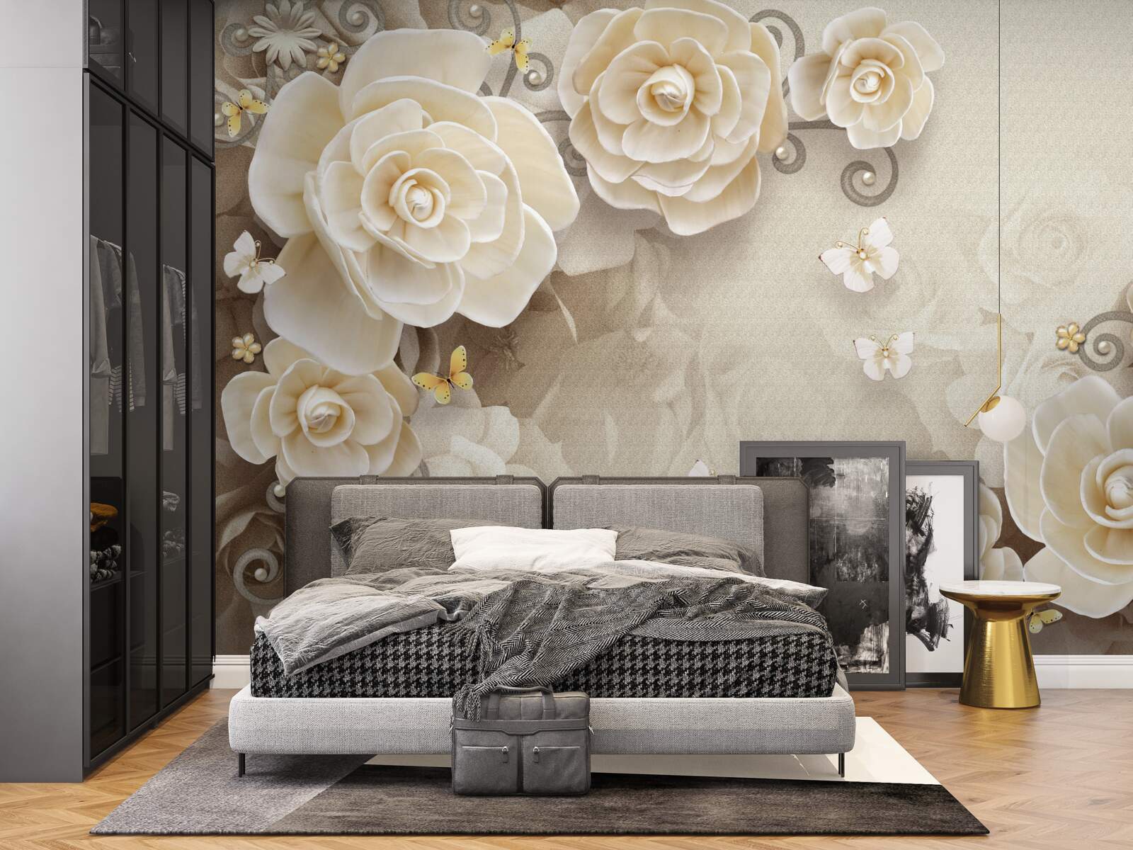 Papier peint fleurs avec perles sur une surface brillante