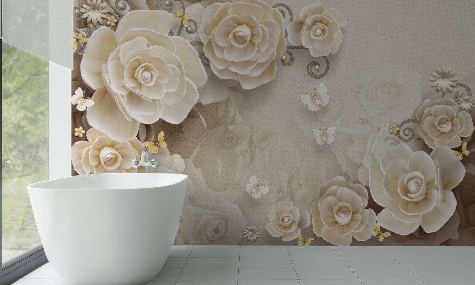 Papier peint fleurs avec perles sur une surface brillante