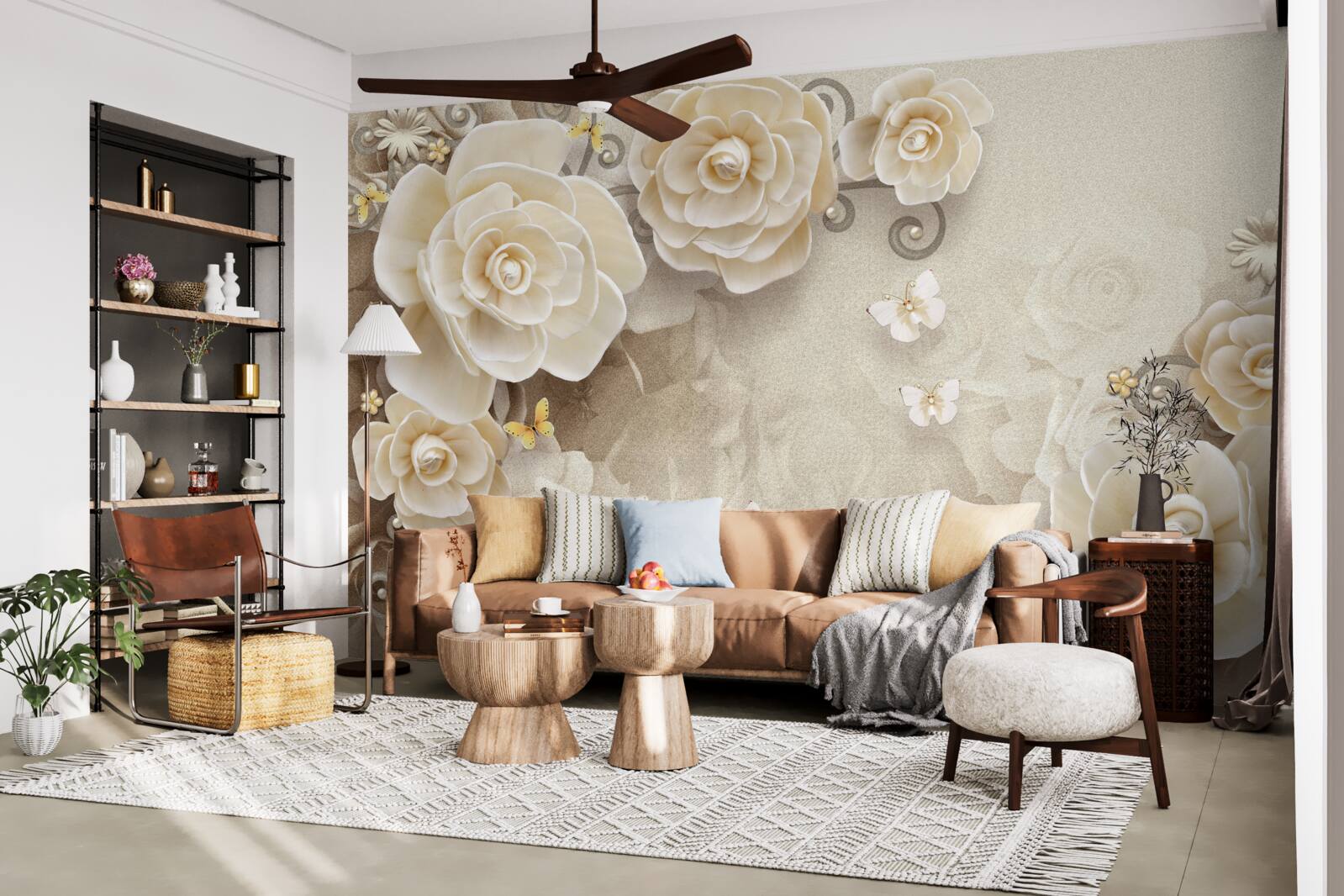 Papier peint fleurs avec perles sur une surface brillante