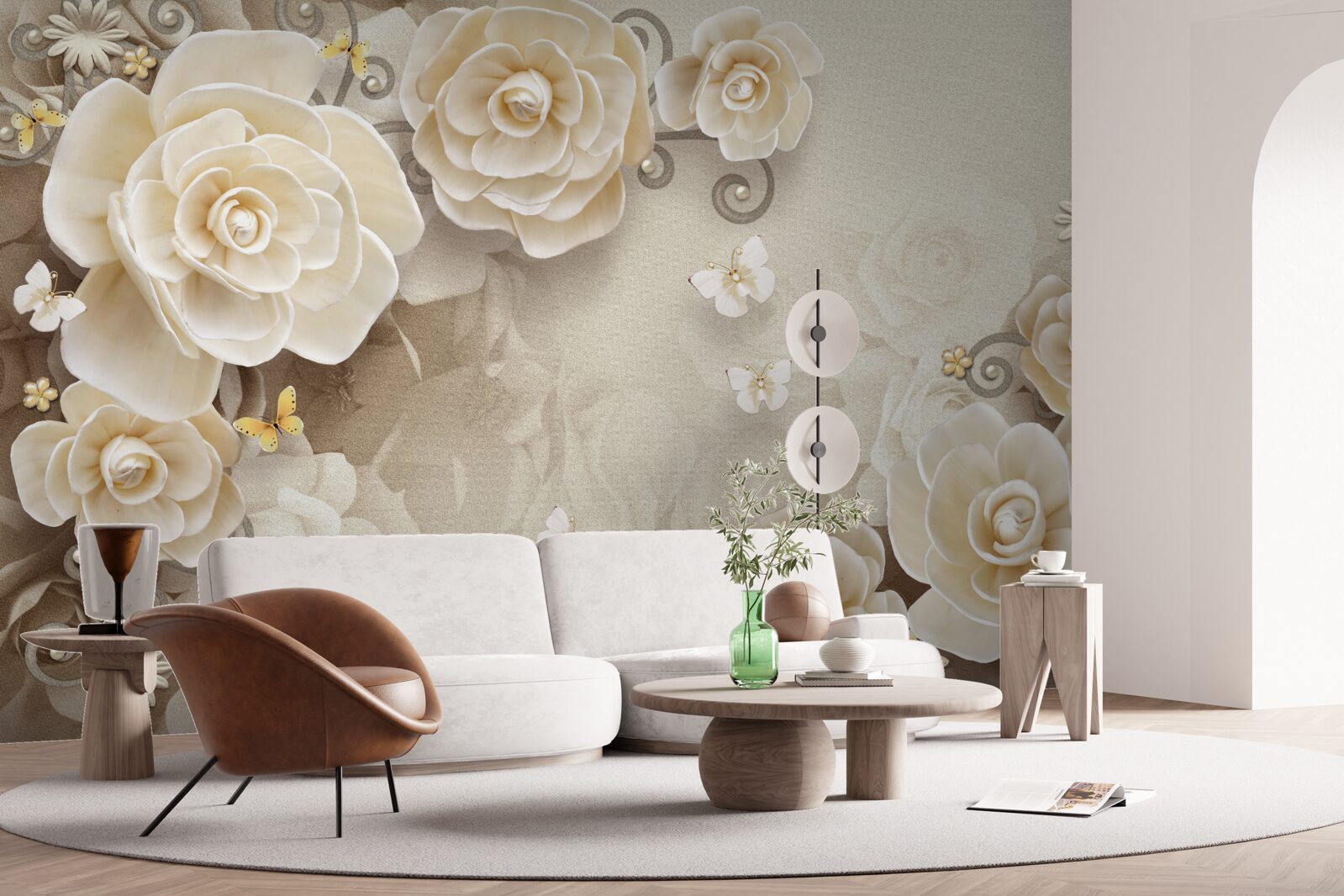 Papier peint fleurs avec perles sur une surface brillante