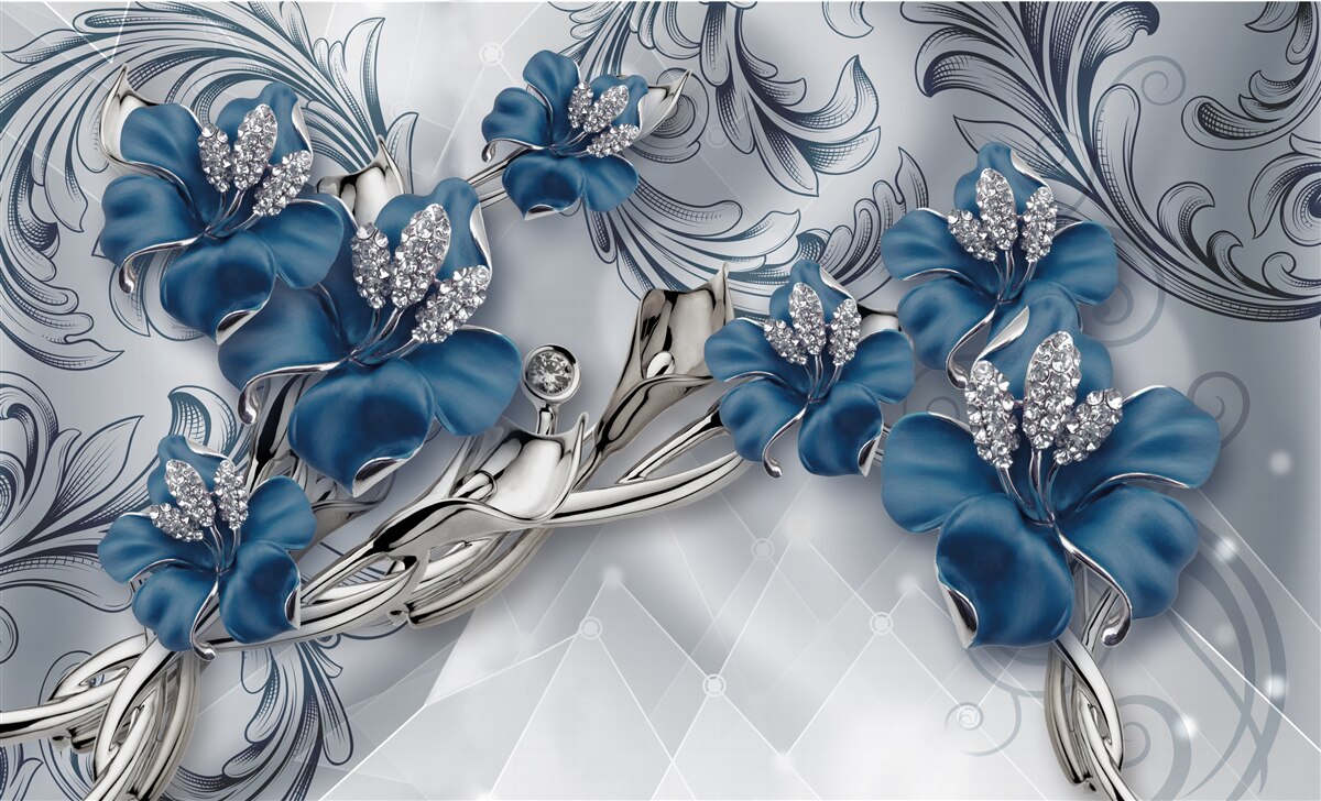 Papier peint fleurs bleu argenté