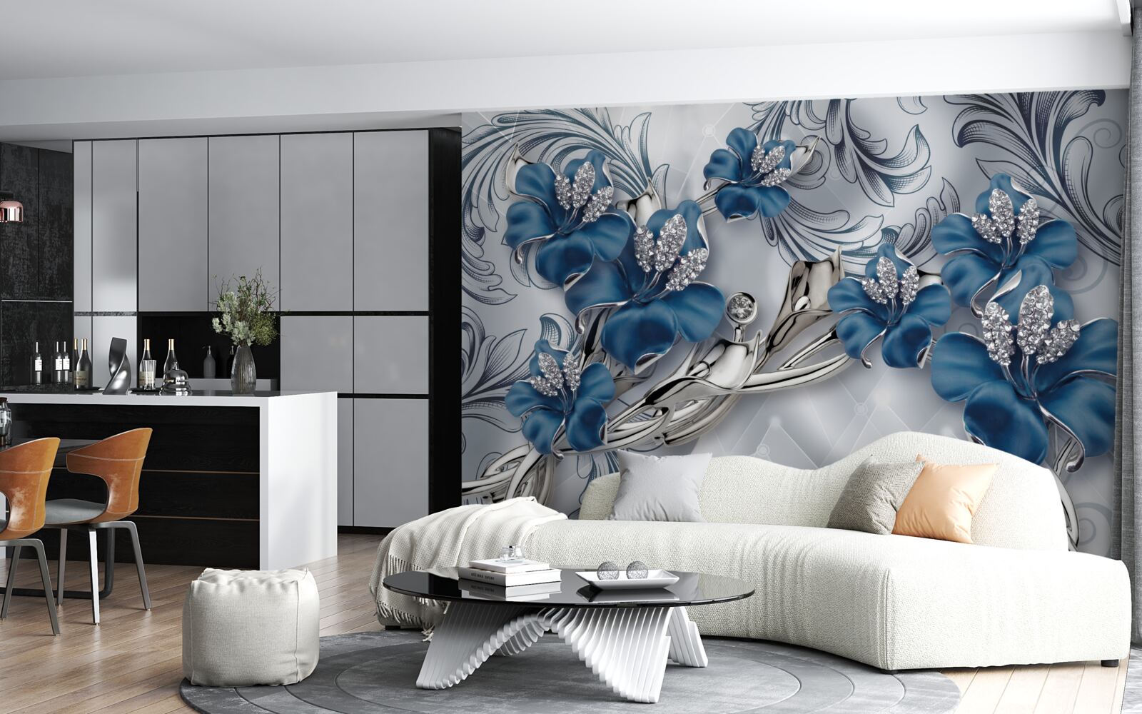 Papier peint fleurs bleu argenté