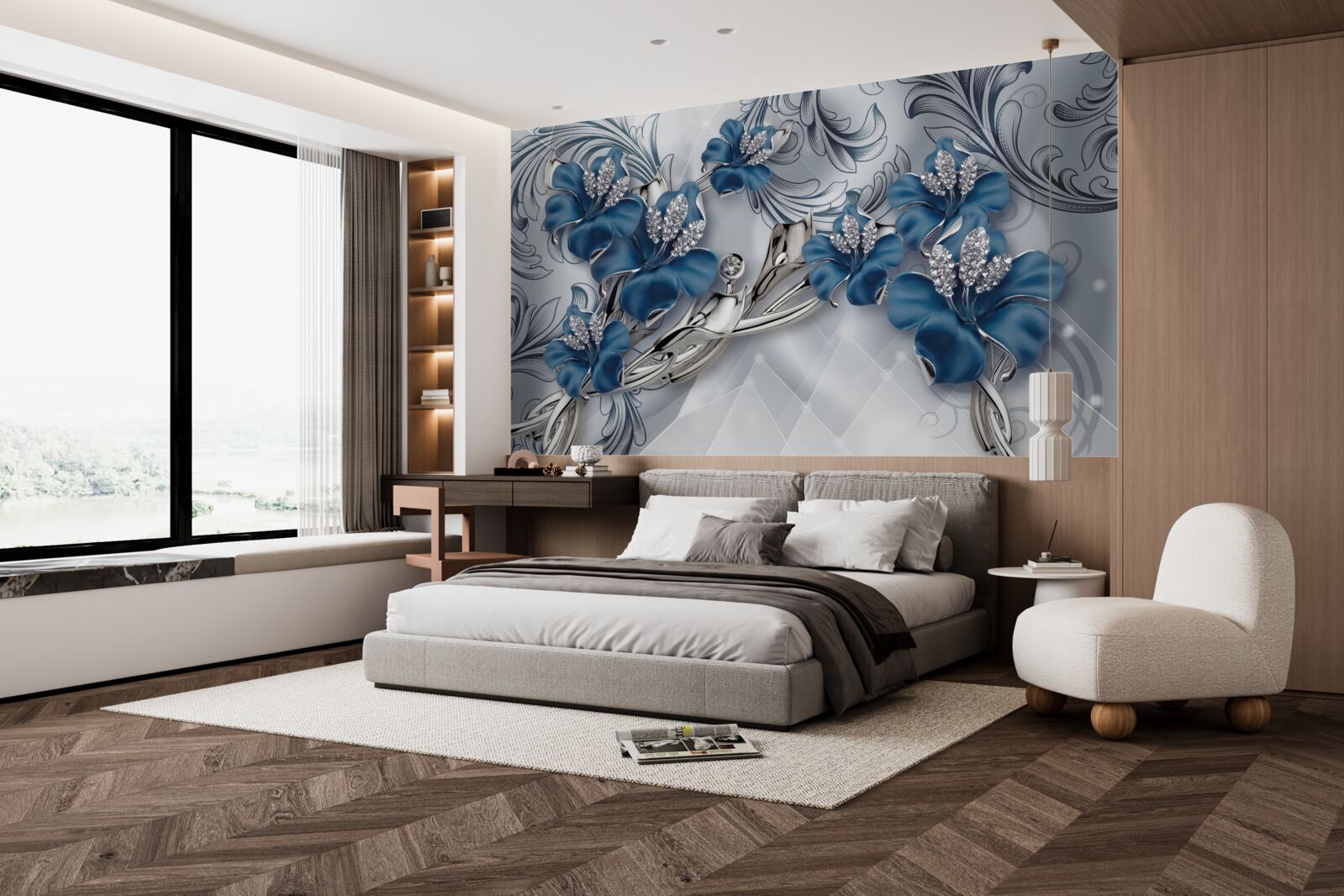 Papier peint fleurs bleu argenté