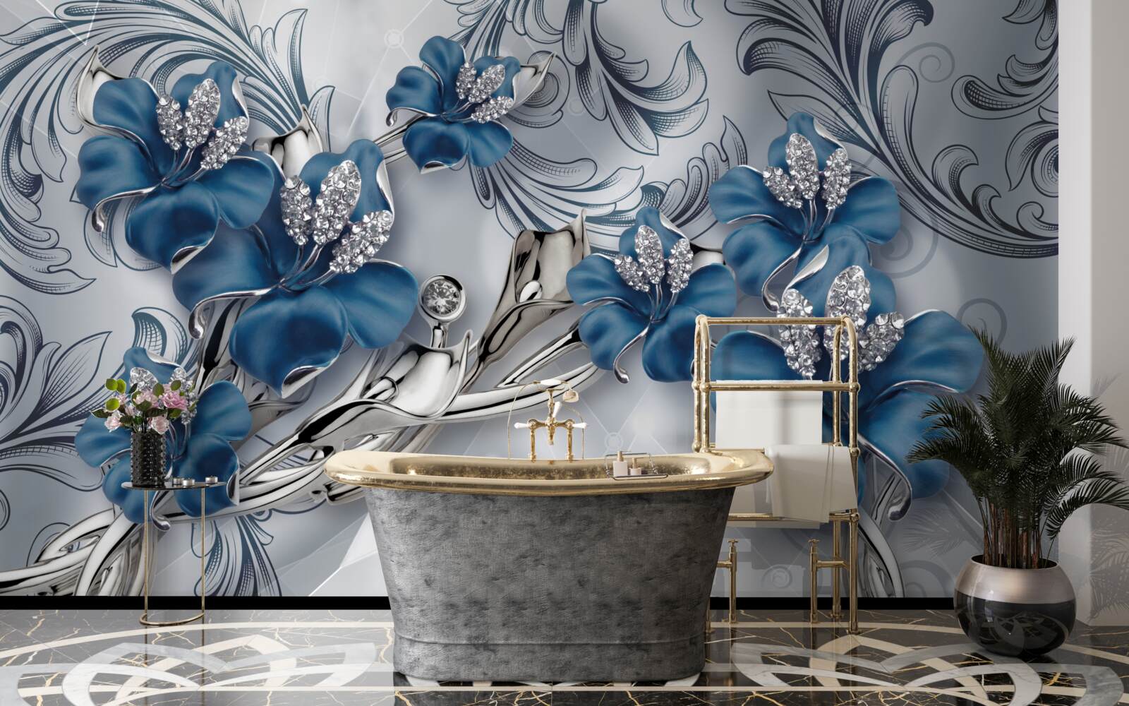 Papier peint fleurs bleu argenté