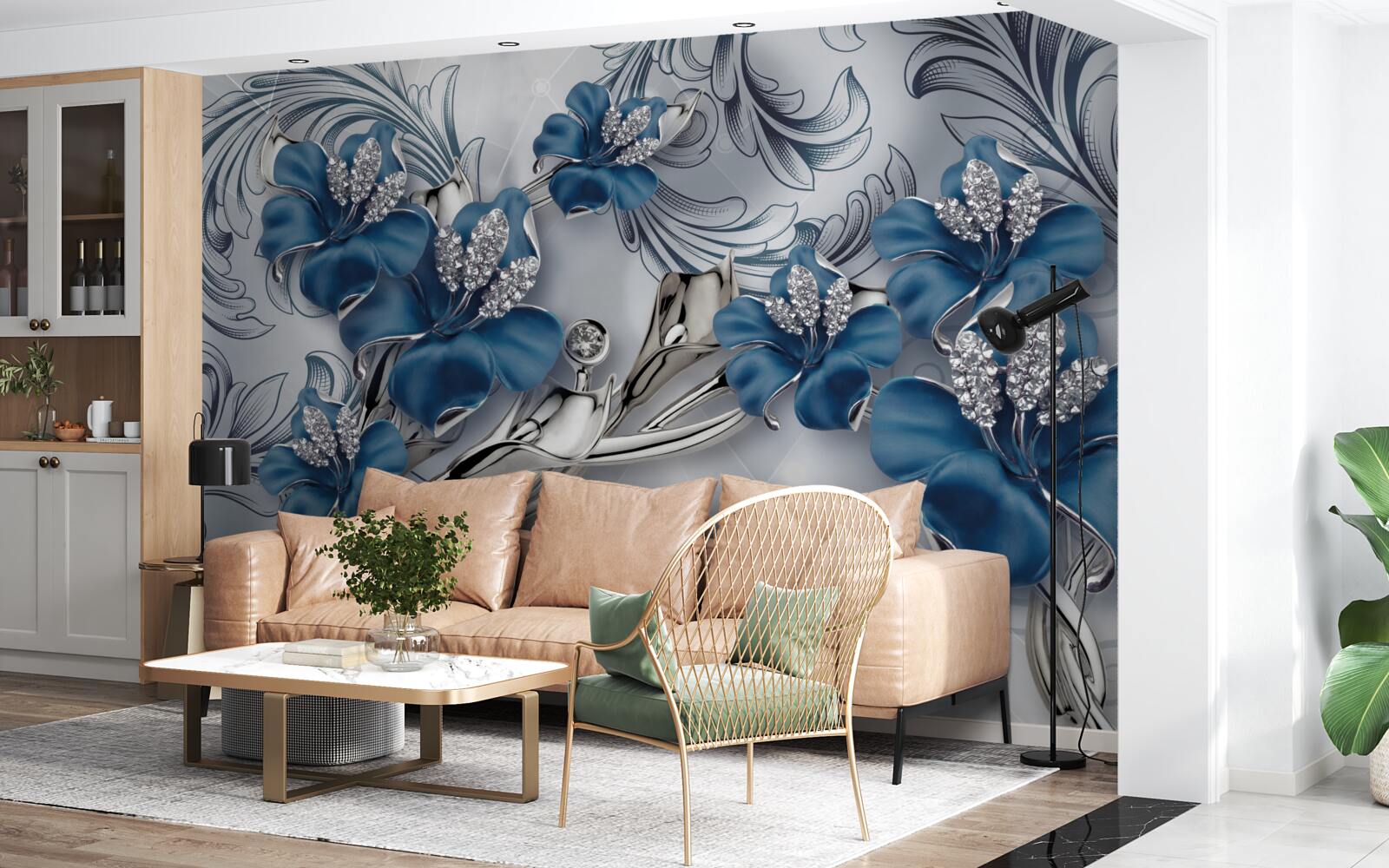 Papier peint fleurs bleu argenté