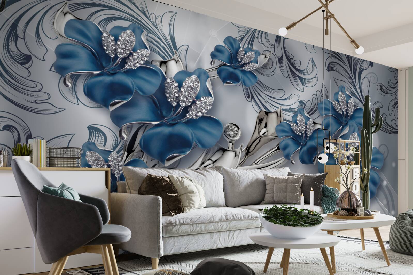 Papier peint fleurs bleu argenté