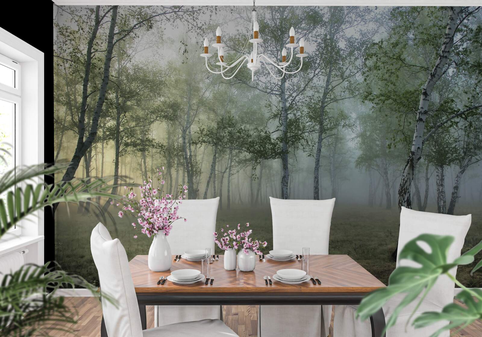 Papier peint les grands bouleaux enveloppés dans la brume du matin